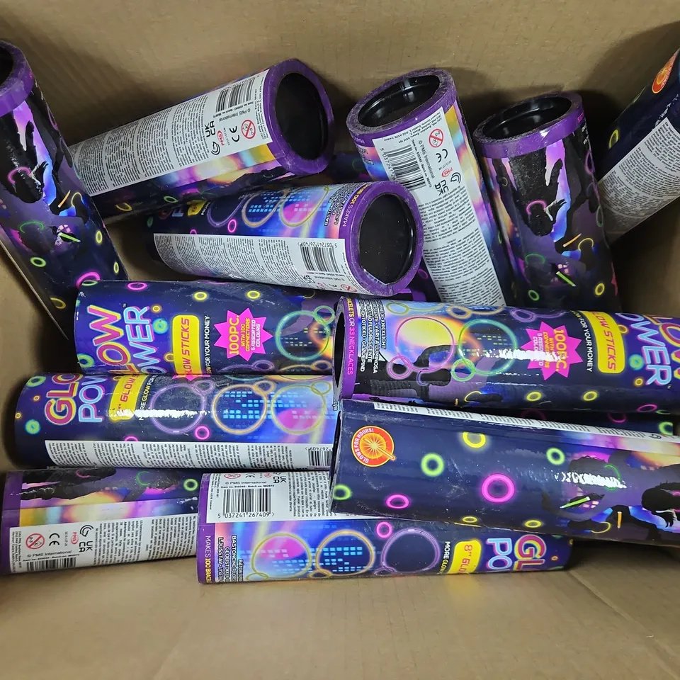 APPROXIMATELY 14 GLOW POWER 8" GLOW STICKS 100 PC TUBES - COLLECTION ONLY
