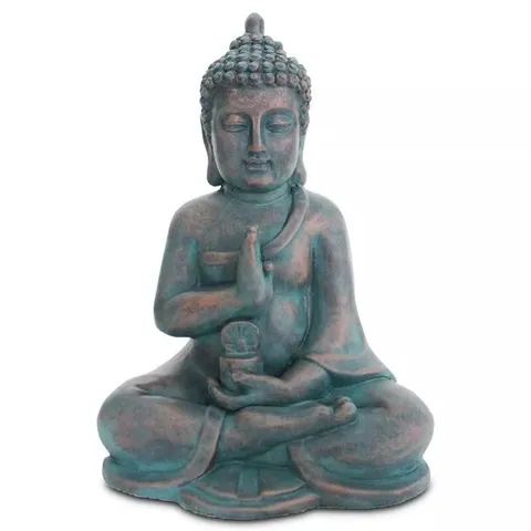 BOXED SIGRES DISSENY FIGURINE STATUE PRAYING BUDDHA RESIN, GREY 40H X 28W X 21D CM