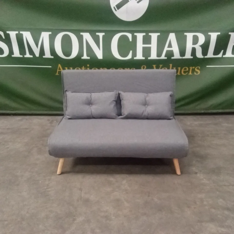 DESIGNER 2 SEATER GREY FABRIC UPHOLSTERED SOFA BED