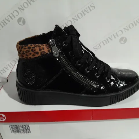 BOXED PAIR OF RIEKER BROWN HIGH TOP LEOPARD CUFF TRAINERS BLACK - SIZE 5