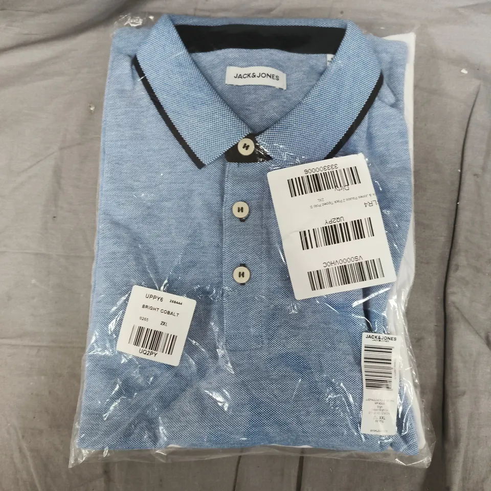 BAGGED JACK & JONES TWO-PACK TIPPED POLO SHIRTS – LIGHT BLUE, MEN’S, SIZE 2XL
