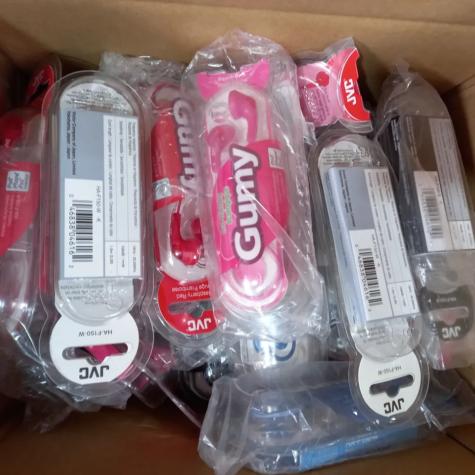 BOX OF APPROXIMATELY 20 ASSORTED JVC GUMY STEREO HEADPHONES IN VARIOUS COLOURS