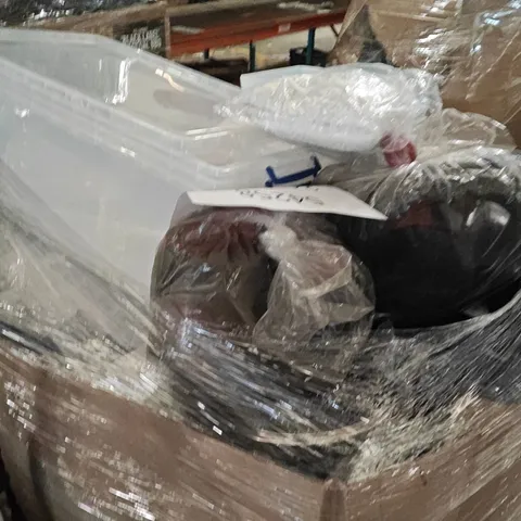 PALLET OF ASSORTED HOUSEHOLD GOODS AND PRODUCTS TO INCLUDE; HIGHCHAIR, STORAGE BOX,BLUE RAY FILMS, VACUUM CLEANER,FOOTBALL DEFENDER SET