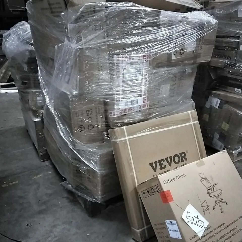 PALLET OF HOUSEHOLD ITEMS TO INCLUDE PATIO UMBRELLA, WASHING MACHINE BRACKET, OFFICE CHAIR AND OTHER ASSORTED ITEMS...