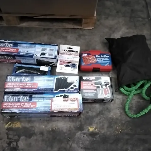BOXED CONTAINS ASSORTED TOOLS/EQUIPMENT INCLUDING: INTERLOCKING FLOOR EDGE & CORNER SETS, IMPACT TORX BIT SOCKETS, SHORT NOSE 150MM AIR HAMMER KIT, HOSE PIPE ECT