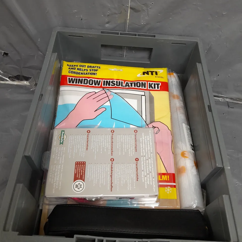 APPROXIMATELY 10 ASSORTED HOUSEHOLD ITEMS TOO INCLUDE OG LEADS , WINDOW INSULATION KIT , DETERGENT , ETC