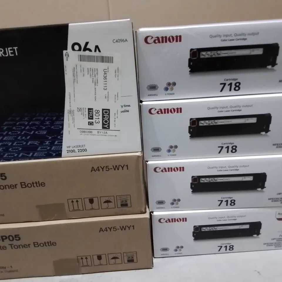 LOT OF 11 ASSORTED PRINTER ITEMS TO INCLUDE CARTRIDGES AND WASTE TONER BOTTLES