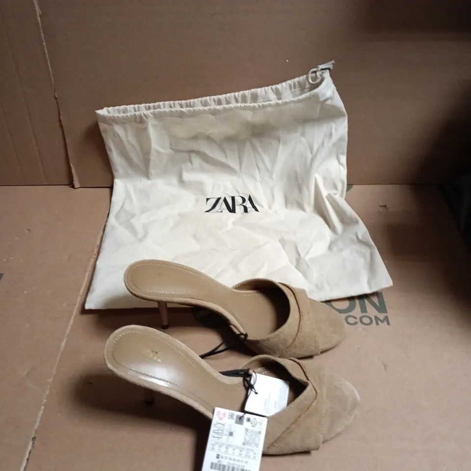 ZARA WOMEN’S BEIGE SUEDE HEELED SANDALS – OPEN-TOE SLIP-ON - EUR SIZE 35