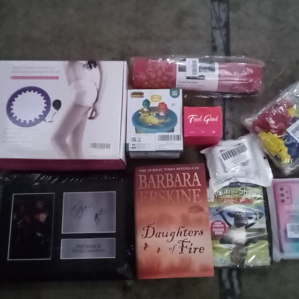 PALLET OF 6 BOXES CONTAINING ASSORTED ITEMS INCLUDING DAUGHTERS OF FIRE BOOK, PLACEMATS, BODY TAPE, FITNESS HOOP, SHAUN THE SHEEP DVD, PHONE CASES