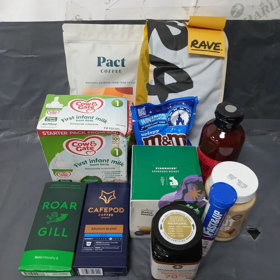 APPROXIMATELY 10 ASSORTED FOOD & DRINK ITEMS TO INCLUDE - COW&GATE FIRST INFANT MILK - PWDERED PEANUT BUTTER ORIGINAL - DOLCE GUSTO STARBUCKS ESPRESSO ROAST - ETC 