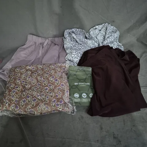 BOX OF APPROXIMATELY 20 ASSORTED CLOTHING ITEMS TO INCLUDE WOMENS UNDERWEAR, TOPS, SKIRT, ETC