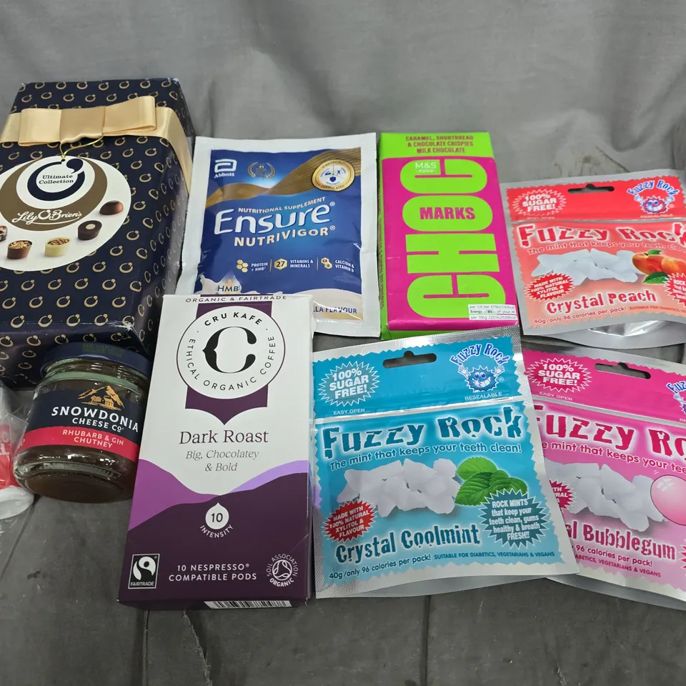 APPROXIMATELY 15 ASSORTED FOOD ITEMS TO INCLUDE - FUZZY ROCKS, MARKS CHOCOLATE AND CHUTNEY