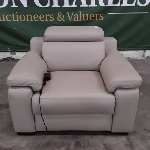 QUALITY ITALIAN DSIGNER RICCARDO ELECTRIC RECLINER CHAIR WITH SMALL ARMS - BEIGE LEATHER