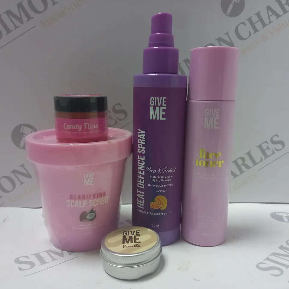 BOX OF 5 ASSORTED GIVE ME PRODUCTS TO INCLUDE SCALP SCRUB, HEAT DEFENCE SPRAY, FACE TONER, ETC 