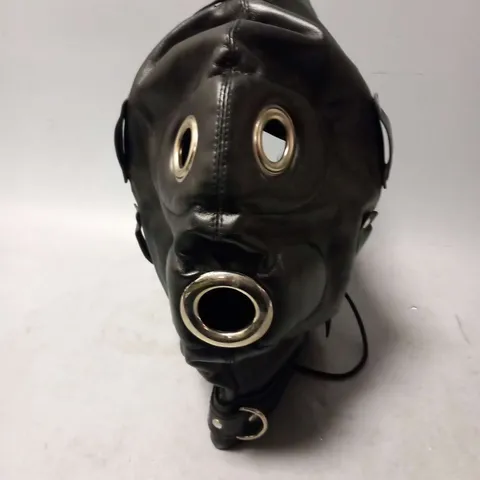 TOTE OF ASSORTED BONDAGE CLOTHING AND ACCESSORIES TO INCLUDE; LEATHER GIMP MASK