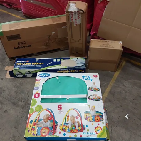 PALLET OF ASSORTED CONSUMER PRODUCTS TO INCLUDE; PURE COOL FAN, BALANCE BIKE, VITREOUS 600MM TILE CUTTER, LED HIGH BAY LIGHT, BABY PLAYPEN ECT