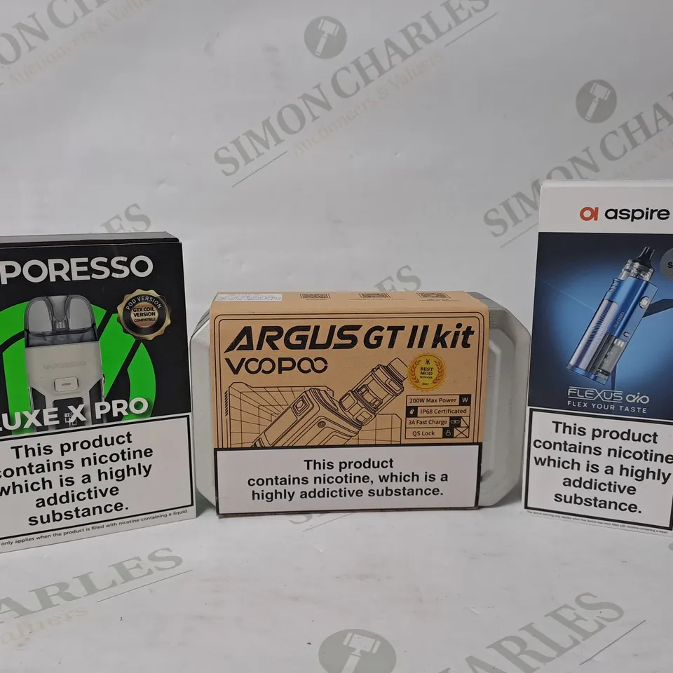 APPROXIMATELY 20 ASSORTED E-CIGARETTE PRODUCTS TO INCLUDE VAPORESSO LUXE X PRO, VOOPOO ARGUS GT II KIT, ASPIRE FLEXUS AIO 