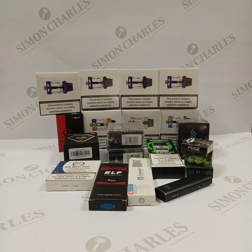 APPROXIMATELY 20 ASSORTED VAPING PRODUCTS AND ACCESSORIES TO INCLUDE VAPOURIZ USB WALL ADAPTER, VAPOURIZ FUSE DUAL COILS, VAPORESSO XROS SERIES MESH POD, ELF REPLACEMENT COILS, ETC.  