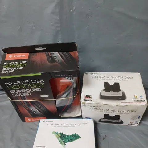 approximately 20 electrical items to include headsets, soundcard and hard disk dock