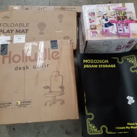 PALLET CONTAINING ASSORTED PRODUCTS INCLUDING JIGSAW STORAGE, DESK CHAIR, KITCHEN PLAYSET, FOLDABLE PLAY MAT & ROLLER BLINDS