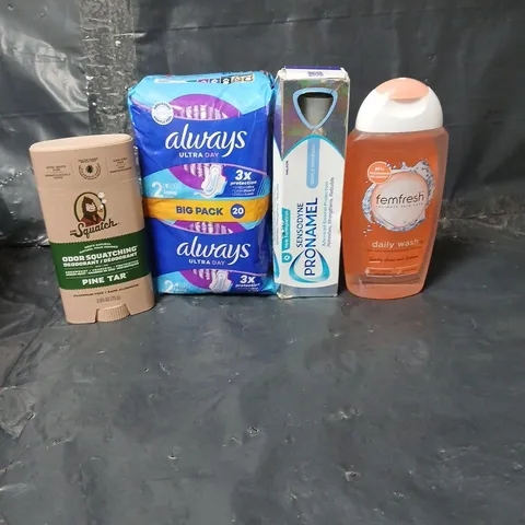 APPROXIMATEY 20 ASSORTED HEALTH AND BEAUTY PRODUCTS TO INCLUDE ALWAYS PADS, SQUATCH PINE TAR DEODORANT STICK AND PRONAMEL TOOTHPASTE