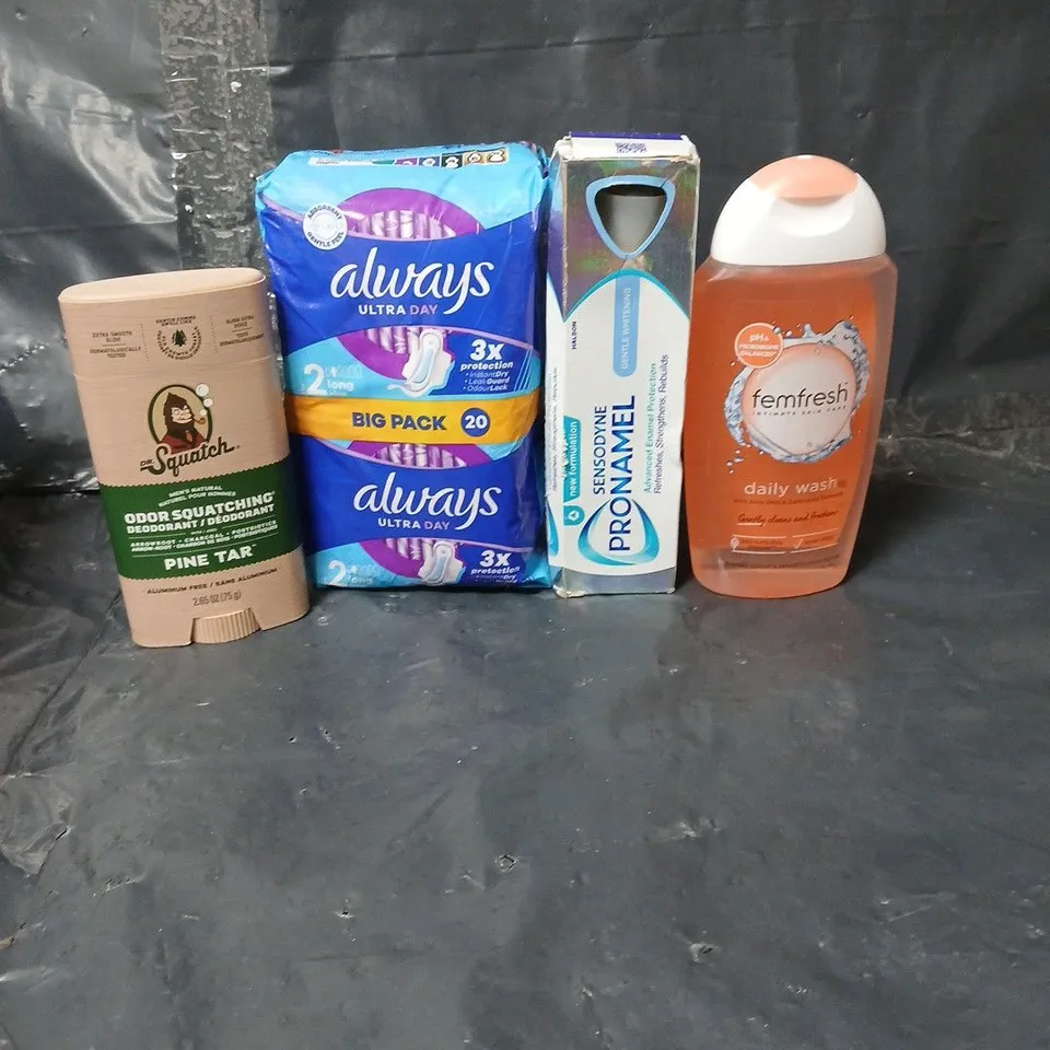 APPROXIMATEY 20 ASSORTED HEALTH AND BEAUTY PRODUCTS TO INCLUDE ALWAYS PADS, SQUATCH PINE TAR DEODORANT STICK AND PRONAMEL TOOTHPASTE