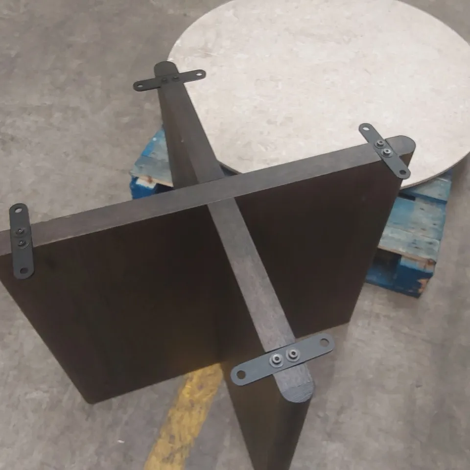 DESIGNER BROWN MARBLE DINING TABLE WITH SOLID WOOD BASE - MISSING SCREWS (2 ITEMS)