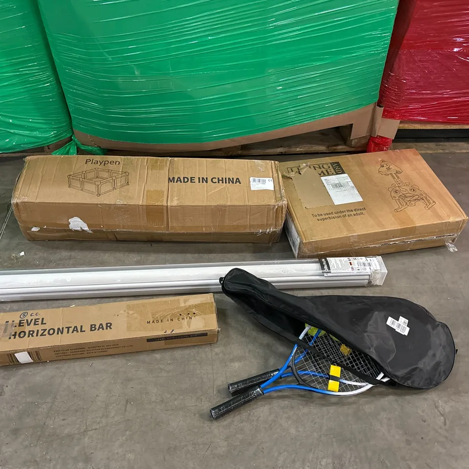 PALLET OF ASSORTED CONSUMER PRODUCTS TO INCLUDE: PLAYPEN, KIDS PLAY SET, ROLLER BLIND, PULL UP BAR, SMALL TENNIS RACKET SET