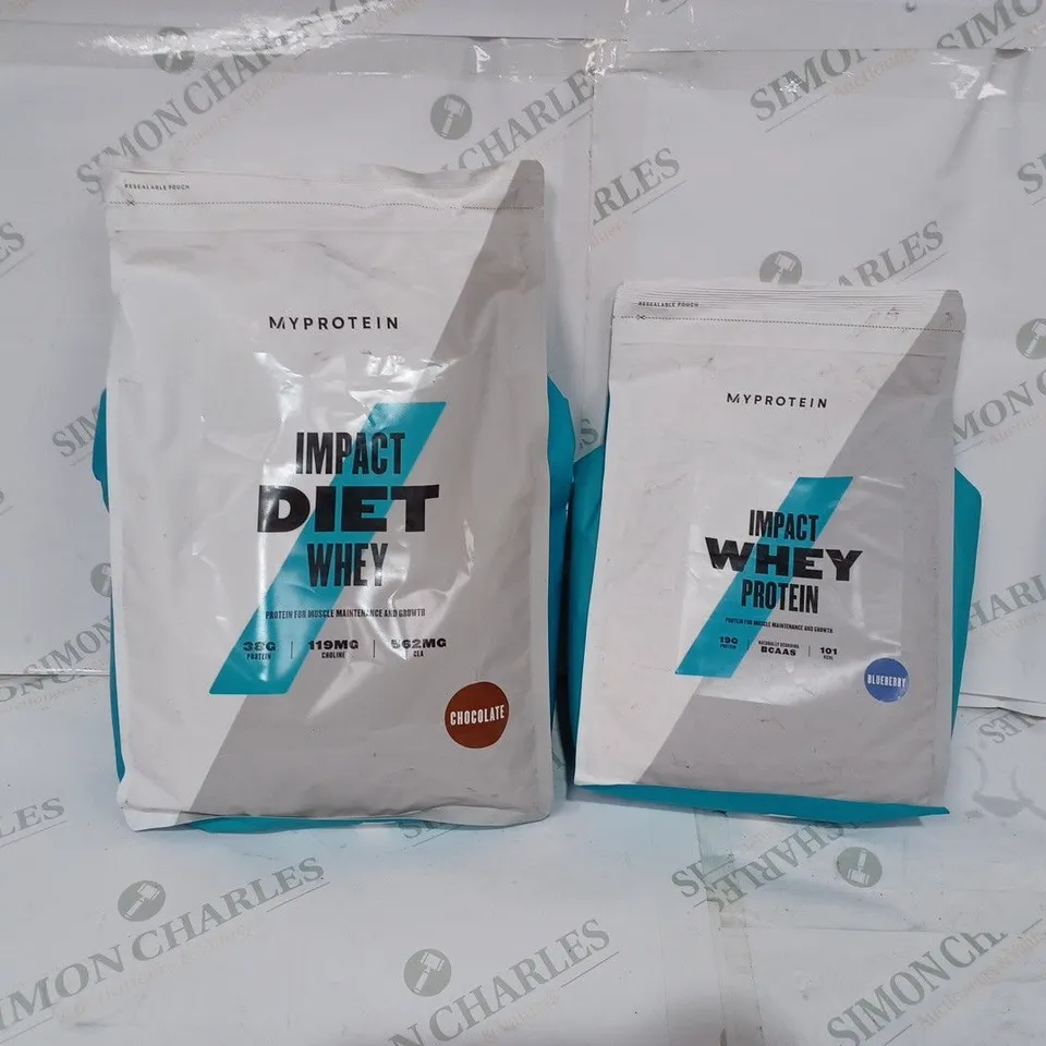 BOX TO CONTAIN 2 X LARGE BAGS OF MY PROTEIN IMPACT DIET & WHEY PROTEIN. FLAVOURS INCLUDES CHOCOLATE & BLUEBERRY