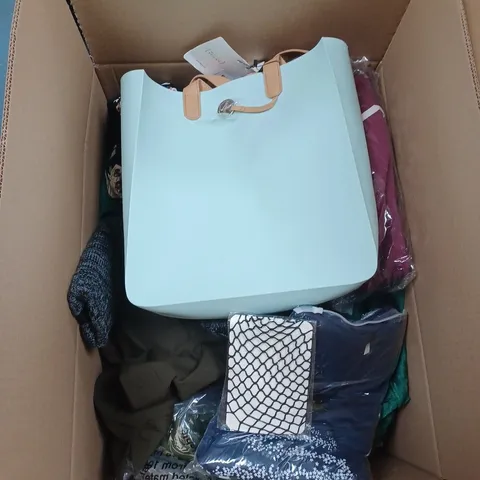 BOX OF APPROX. 25 ASSORTED CLOTHING VARYING IN SIZE/COLOUR/STYLE TO INCLUDE: TOPS, TROUSERS, JUMPERS