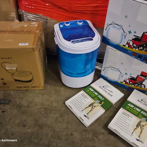PALLET OF ASSORTED ITEMS TO INCLUDE, QUANTITY OF WHEELCHAIR CUSHION SETS, QUANTITY AIM LINE GOLF PUTTING MIRRORS, PORTABLE WASHING MACHINE, PORTABL/E TOILET