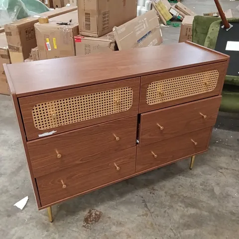 WALNUT-FINISHED RATTAN 6-DRAWER SIDEBOARD CABINET