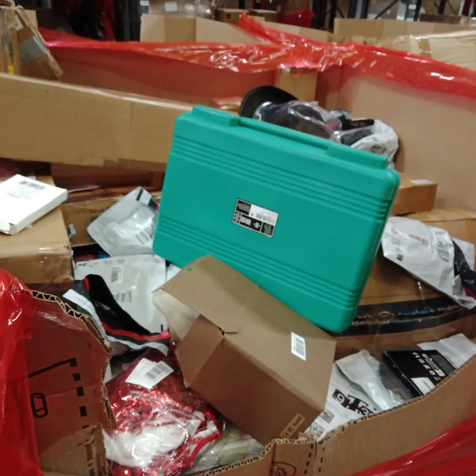 PALLET OF ASSORTED HOUSEHOLD GOODS AND PRODUCTS TO INCLUDE;PHONE ACCESSORIES,TV WALL MOUNT,TOOL BOX