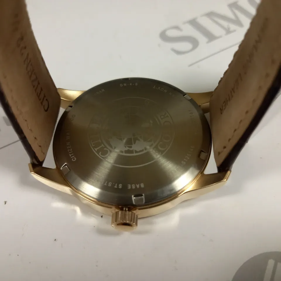 CITIZEN STAINLESS STEEL WHITE FACE GENTS WATCH WITH BROWN LEATHER STRAP