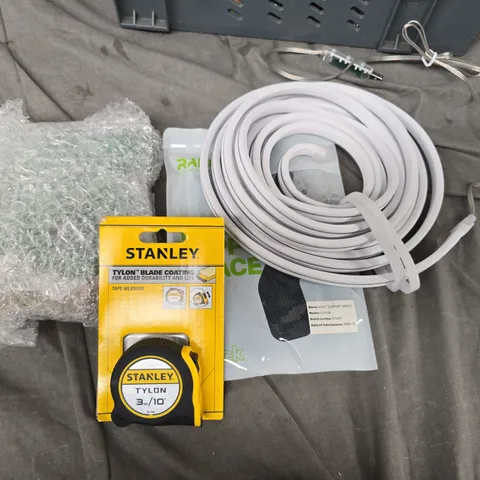 BOX OF ASSORTED ITEMS TO INCLUDE - LED LIGHT STRIP - STANLEY TAPE - CLOTHING PEGS 
