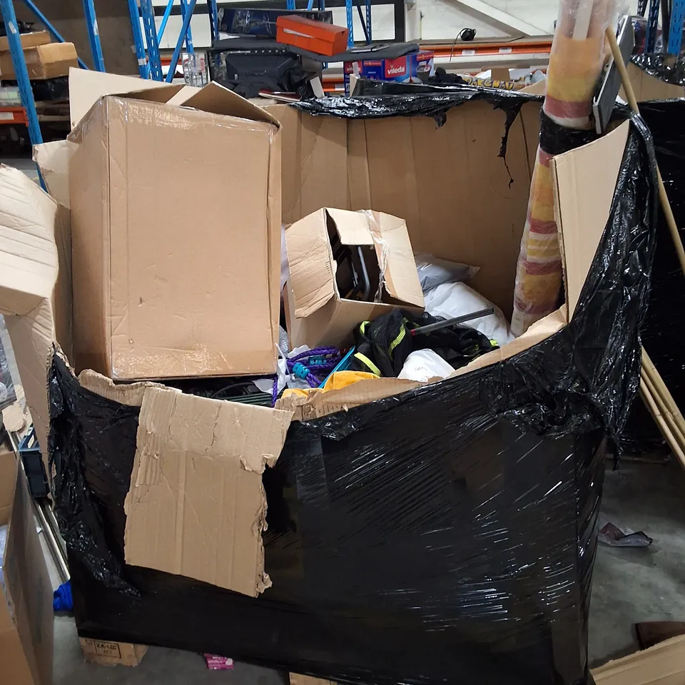 PALLET CONTAINING ASSORTED HOUSEHOLD PRODUCTS INCLUDING  CLOTHING, PLANT LINK SUPPORTS & SERENITY TOILET PAPER