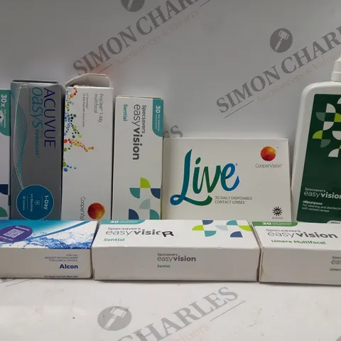 BOX OF APPROX 25 ASSORTED CONTACT LENSES AND CONTACT LENSE SOLUTIONS