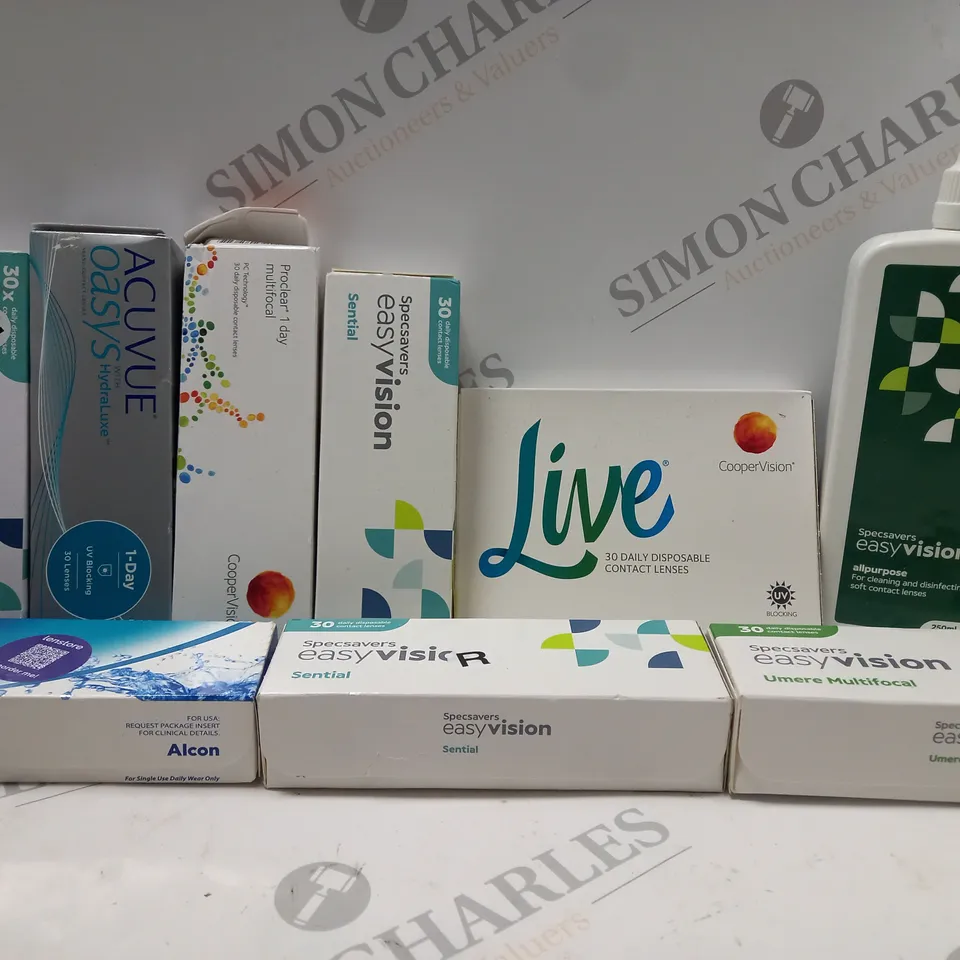 BOX OF APPROX 25 ASSORTED CONTACT LENSES AND CONTACT LENSE SOLUTIONS