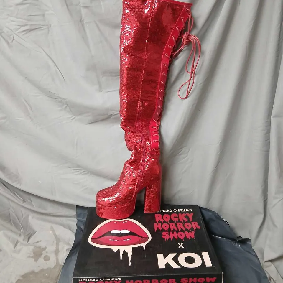 ROCKY HORROR SHOW X KOI CREATURE OF THE NIGHT RED SEQUIN KNEE-HIGH BOOT – , UK 5 