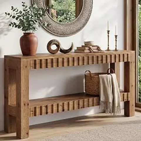 BOXED SOLID WOOD CONSOLE TABLE, 63" FARMHOUSE WOODEN ENTRYWAY TABLE WITH FLUTED DEIGN, 2-TIER RECTANGULAR NARROW SOFA TABLE BEHIND COUCH FOR ENTRYWAY, HALLWAY, LIVING ROOM, RUSTIC BROWN