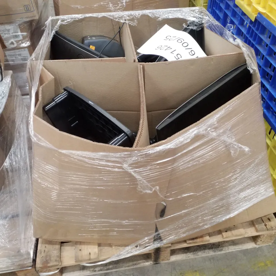 PALLET CONTAINING ASSORTED TECH INCLUDING COMPUTER MONITORS, LABEL PRINTERS, SCANNERS & WALKIE TALKIES