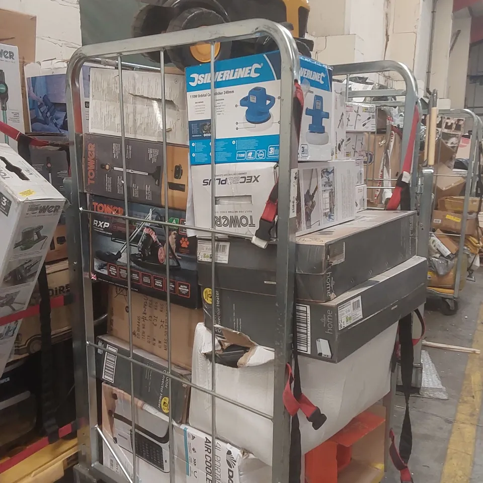 CAGE CONTAINING A LARGE QUANTITY OF ASSORTED ITEMS INCLUDING: TOWER VACUUM CLEANER, DAEWOO AIR COOLER, SILVERLINE ORBITAL POLISHER, CONVECTOR HEATER ECT // CAGE NOT INCLUDED