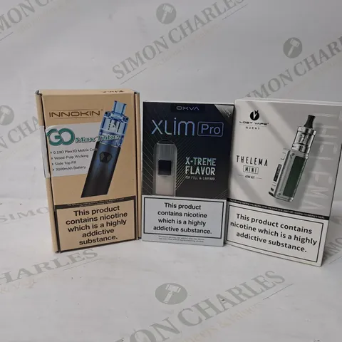 APPROXIMATELY 15 ASSORTED E-CIGARETTE PRODUCTS TO INCLUDE OXVA XLIM PRO, LOST VAPE QUEST THELMA MINI, INNOKIN GO MAX TUBE