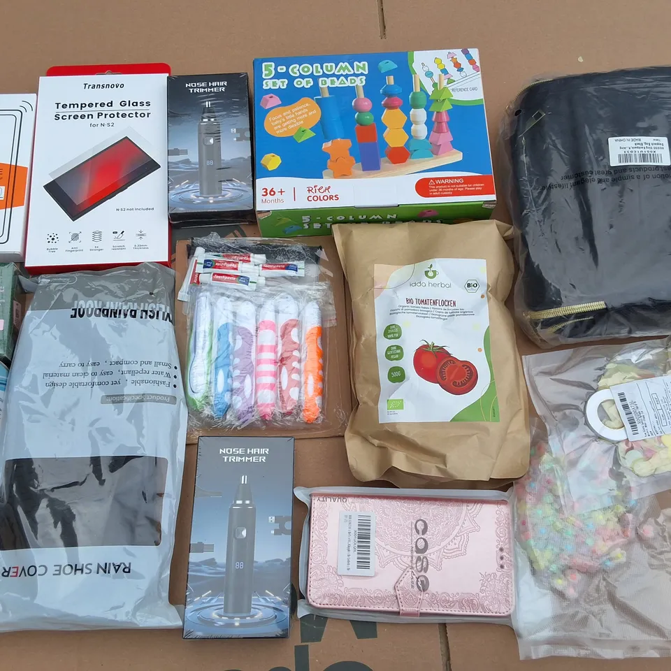 PALLET CONTAINING 6 LARGE BOXES OF ASSORTED HOUSEHOLD ITEMS TO INCLUDE NOSE HAIR TRIMMERS,SHOE COVERS,TOMATO FLAKES AND PHONE CASES