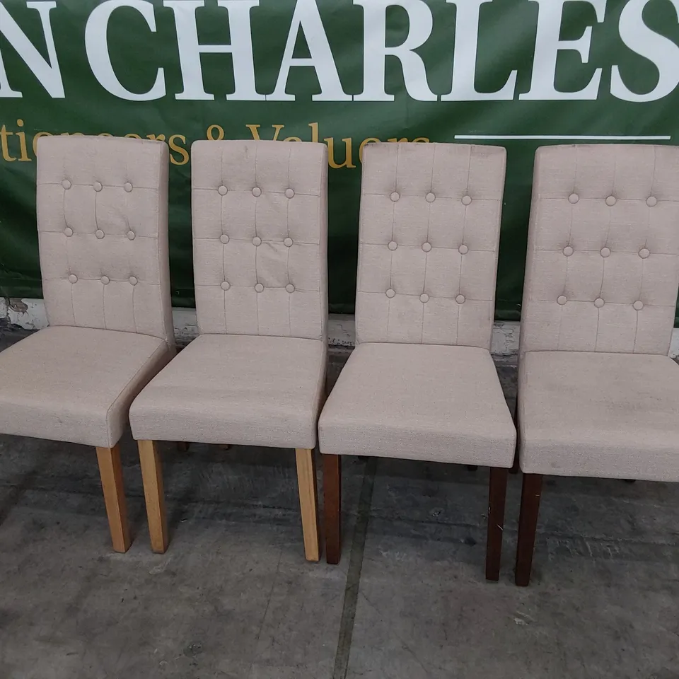 FOUR UPHOLSTERED BUTTONED BACK DINING CHAIRS ( LEGS 2×NATURAL & 2 DARK WOOD)