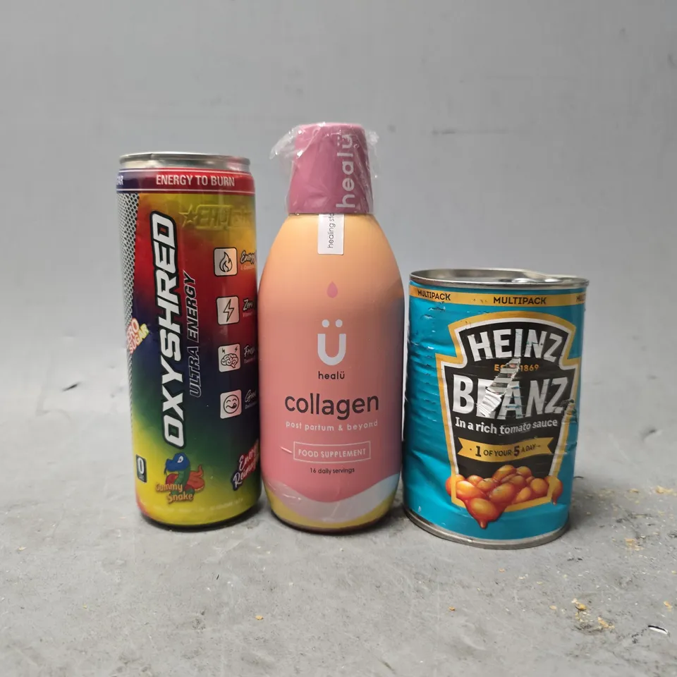 APPROXIMATELY 12 ASSORTED FOOD & DRINK ITEMS TO INCLUDE - HEINZ BEANS , OXYSHRED , HEALY COLLAGEN POST PARFUM & BEYOND ETC