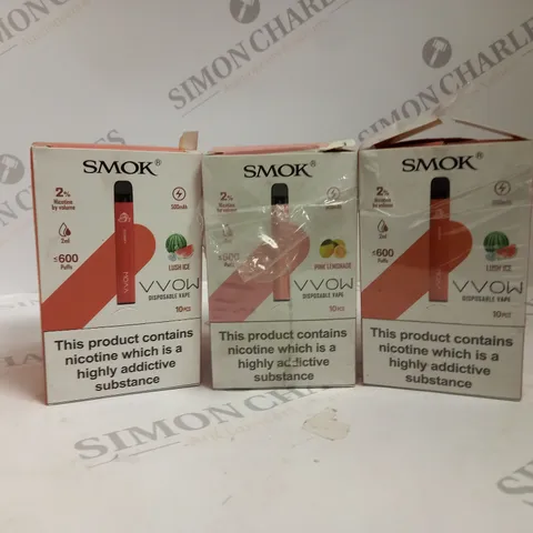 3 BOXED SMOK VVOW DISPOSABLE VAPE 10 PACK TO INCLUDE PINK LEMONADE AND LUSH ICE FLAVOURS