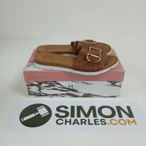 BOXED PAIR OF MODA IN PELLE ORGANITA SLIP ON FLAT SANDALS WITH TRIM IN TAN - SIZE 40