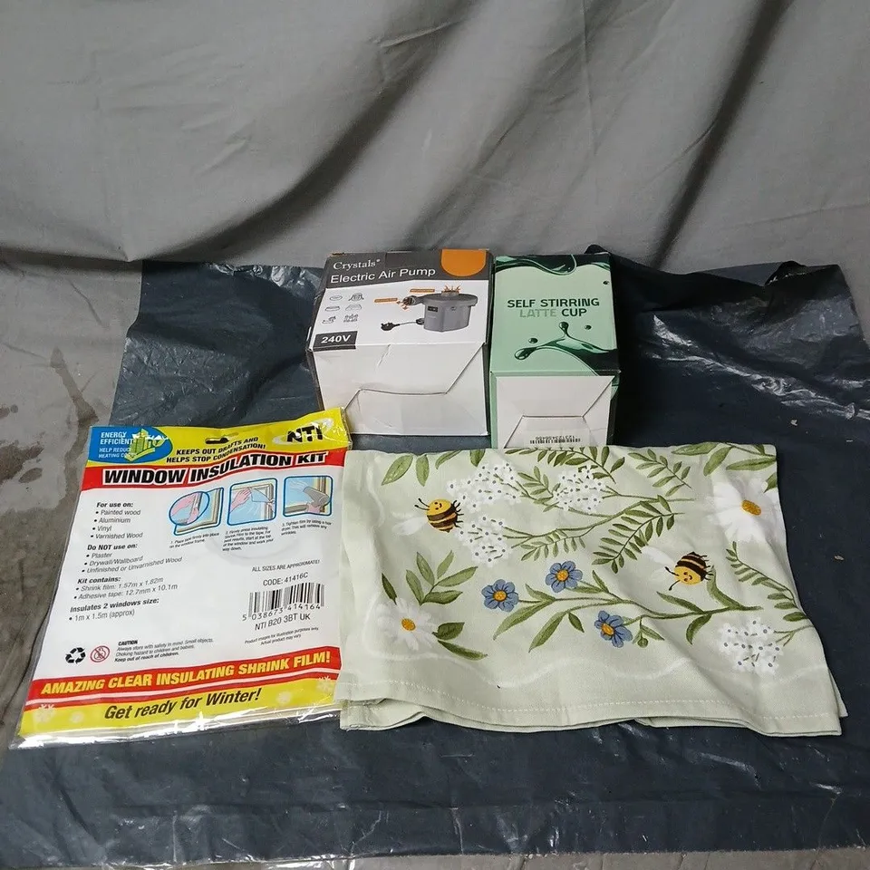 BOX OF APPROXIMATELY 20 ASSORTED HOUSEHOLD ITEMS TO INCLUDE TEA TOWELS, AIR PUMP, SELF STIRRING LATTE CUP, WINDOW INSULATION KIT ETC