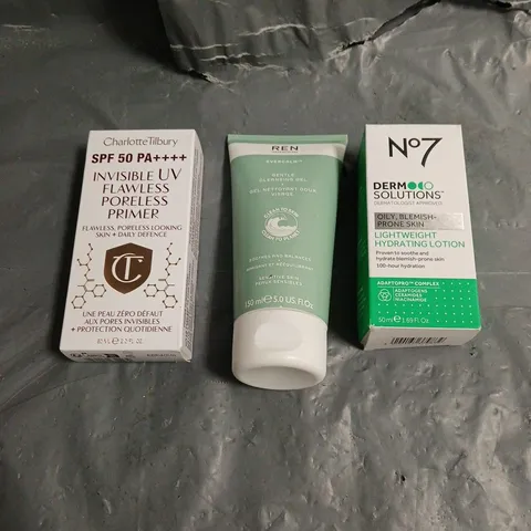 LOT OF 3 ASSORTED COSMETIC PRODUCTS TO INCLUDE N07 LIGHTWEIGHT HYDRATING LOTION, CHARLOTTE TILBURY INVISIBLE UV FLAWLESS PORELESS PRIMER, REN CLEAN SKINCARE GENTLE CLEANSING GEL, ETC